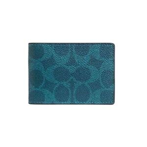 Coach Compact Billfold Wallet in Aquamarine Signature Canvas & Calf Leather